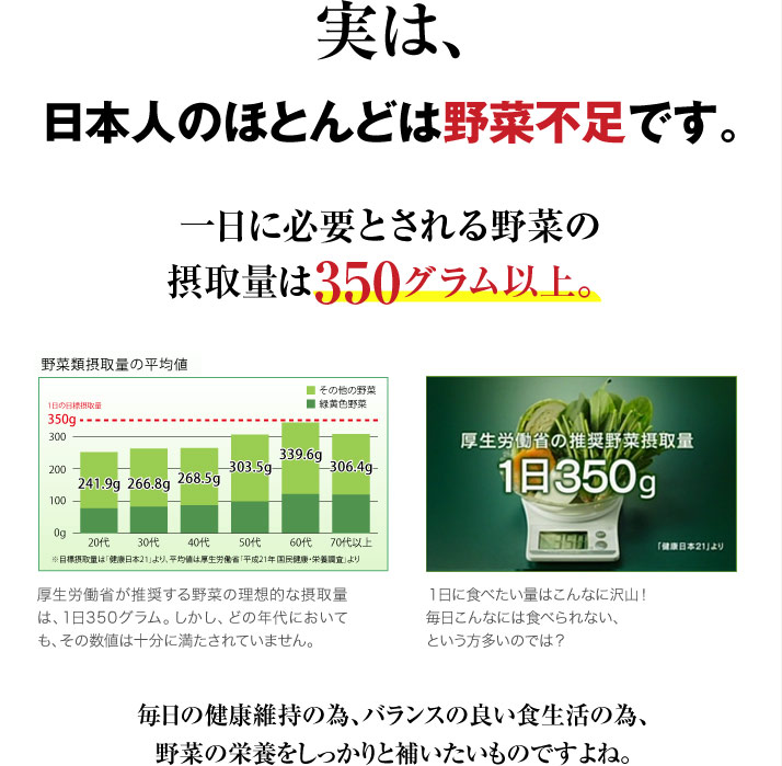 実は、日本人のほとんどは野菜不足です。一日に必要とされる野菜の摂取量は350グラム以上。厚生労働省が推奨する野菜の理想的な摂取量は、1日350グラム。しかし、どの年代においても、その数値は十分に満たされていません。1日に食べたい量はこんなに沢山！毎日こんなには食べられない、という方多いのでは？ 毎日の健康維持の為、バランスの良い食生活の為、野菜の栄養をしっかりと補いたいものですよね。