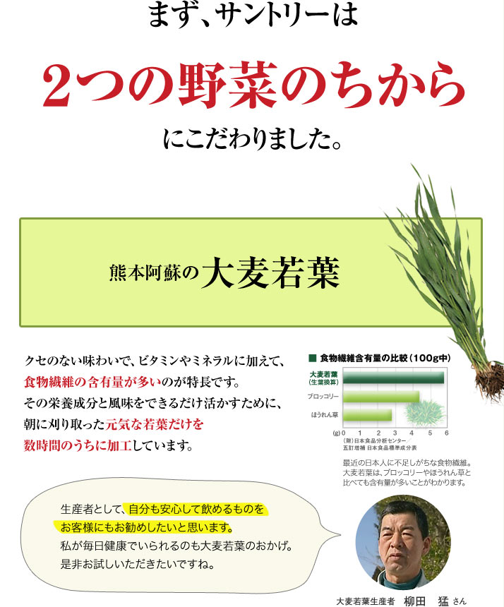 まず、サントリーは２つの野菜のちからにこだわりました。熊本阿蘇の大麦若葉　クセのない味わいで、ビタミンやミネラルに加えて、食物繊維の含有量が多いのが特長です。その栄養成分と風味をできるだけ活かすために、朝に刈り取った元気な若葉だけを数時間のうちに加工しています。■食物繊維含有量の比較（100g中）最近の日本人に不足しがちな食物繊維。大麦若葉は、ブロッコリーやほうれん草と比べても含有量が多いことがわかります　生産者として、自分も安心して飲めるものをお客様にもお勧めしたいと思います。私が毎日健康でいられるのも大麦若葉のおかげ。是非お試しいただきたいですね。