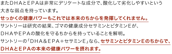 またＤＨＡとＥＰＡは非常にデリケートな成分で、酸化して劣化しやすいという大きな弱点を持っています。せっかくの健康パワーもこれでは本来のちからを発揮してくれません。サントリーは研究の結果、ゴマの健康成分セサミンとビタミンＥが、ＤＨＡやＥＰＡの酸化を守るちからを持っていることを解明。サントリーの「ＤＨＡ＆ＥＰＡ＋セサミンＥ」なら、セサミンとビタミンＥのちからで、ＤＨＡとＥＰＡの本来の健康パワーを摂れます。