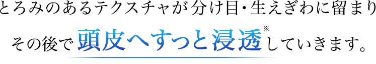 とろみのあるテクスチャが分け目・生えぎわに留まりその後で頭皮へすっと浸透※していきます。