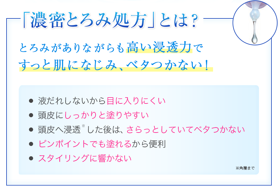 「濃密とろみ処方」とは? とろみがありながらも高い浸透力ですっと肌になじみ、ベタつかない! 液だれしないから目に入りにくい 頭皮にしっかりと塗りやすい 頭皮へ浸透※した後は、さらっとしていてベタつかない ピンポイントでも塗れるから便利 スタイリングに響かない ※角層まで