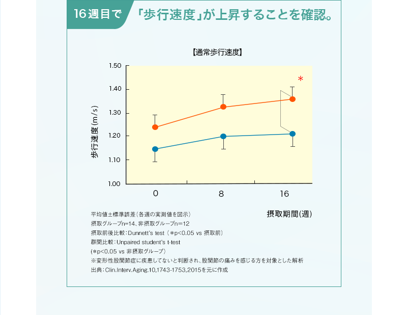 16週目で「歩行速度」が上昇することを確認。 平均値±標準誤差(各週の実測値を図示)摂取グループn=14、非摂取グループn=12摂取前後比較:Dunnett’stest(*p<0.05vs摂取前)群間比較:Unpairedstudent’st-test(*p<0.05vs非摂取グループ)※変形性股関節症に疾患してないと判断され、股関節の痛みを感じる方を対象とした解析 出典:Clin.Interv.Aging.10,1743-1753,2015を元に作成
