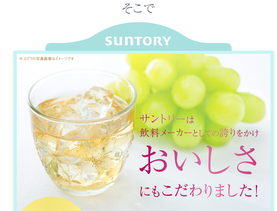 そこで　SUNTORY　※ぶどうの写真画像はイメージです　サントリーは飲料メーカーとしての誇りをかけおいしさにもこだわりました！