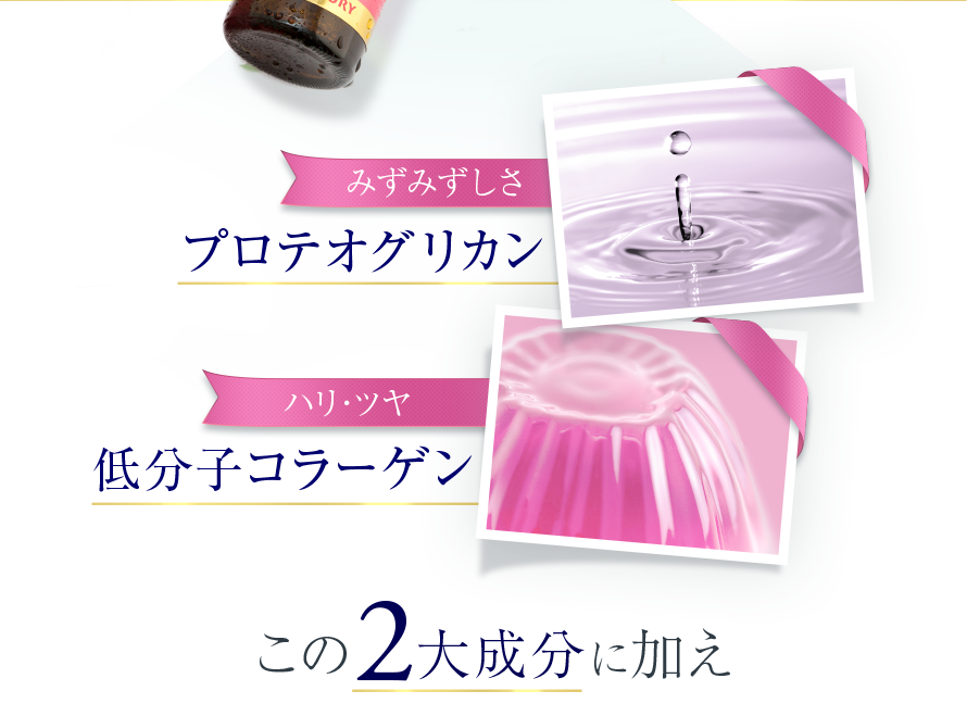 みずみずしさ　プロテオグリカン　ハリ・ツヤ　低分子コラーゲン　この2大成分に加え