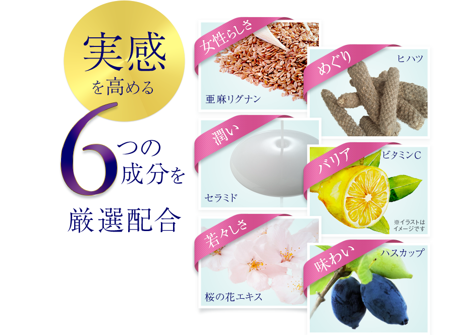 実感を高める　6つの成分を厳選配合　女性らしさ　亜麻リグナン　めぐり　ヒハツ　潤い　セラミド　バリア　ビタミンC　※イラストはイメージです　若々しさ　桜の花エキス　味わい　ハスカップ