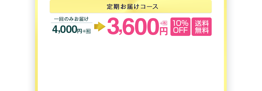 定期お届けコース　一回のみお届け4,000円＋税が3,600円＋税　10%OFF　送料無料