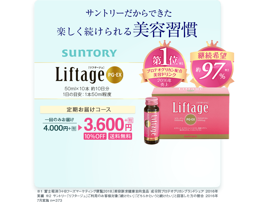 サントリーだからできた楽しく続けられる美容習慣　SUNTORY　Liftage PG-EX　50ml×10本　約10日分　1日の目安：1本50ｍl程度　定期お届けコース　一回のみお届け4,000円＋税が3,600円＋税　10％OFF　送料無料　プロテオグリカン配合　美容ドリンク　2016年度売上　第1位 ※1　　継続希望約97％※2　※1 富士経済「Ｈ・Ｂフーズマーケティング便覧2018」美容訴求健康志向食品 成分別プロテオグリカンブランドシェア 2016年実績　※2 サントリー「リフタージュ」ご利用のお客様対象「続けたい」「どちらかというと続けたい」と回答した方の割合　2016年7月実施　n=373
