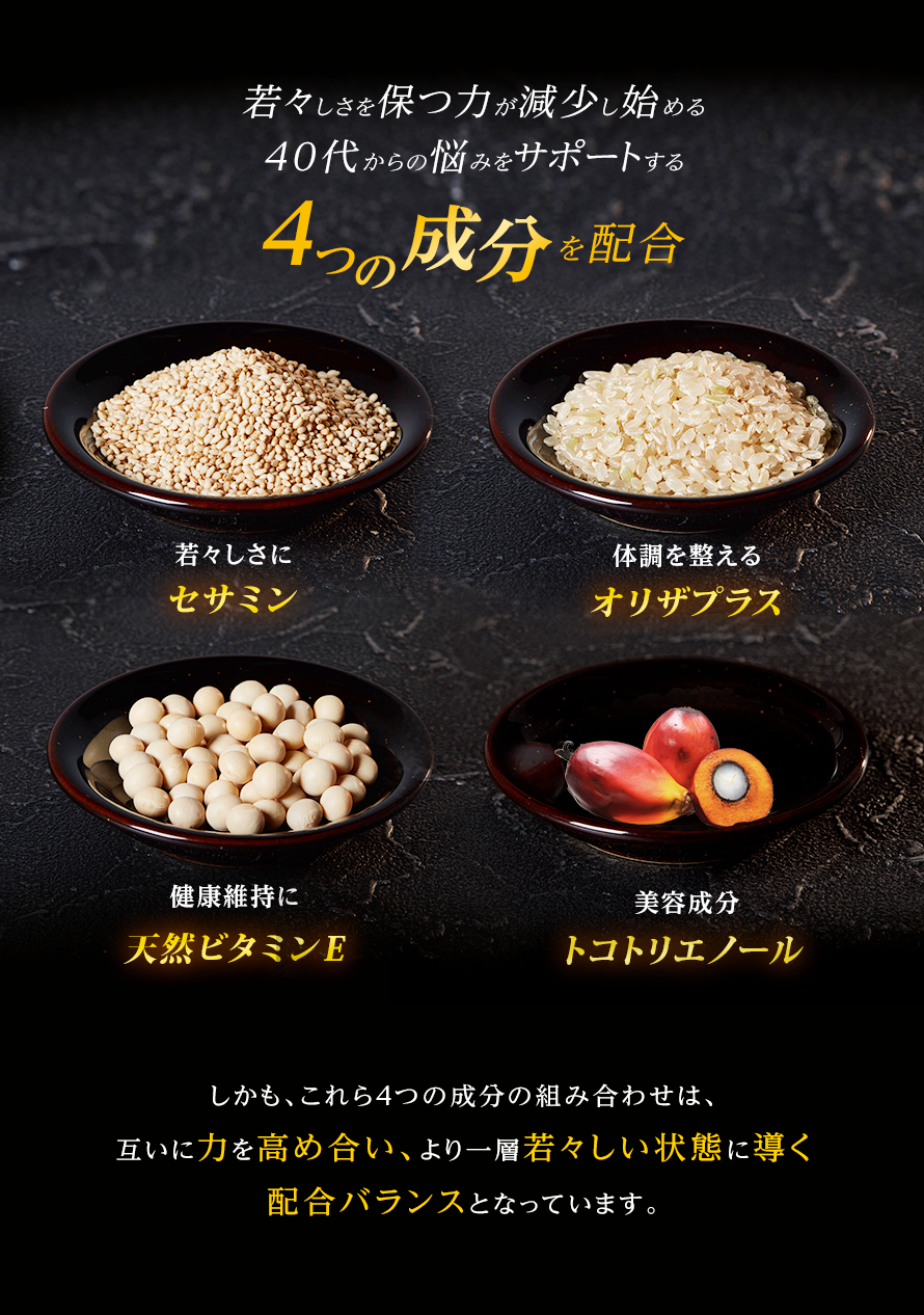 若々しさを保つ力が減少し始める40代からの悩みをサポートする4つの成分を配合 若々しさにセサミン 体調を整えるオリザプラス 健康維持に天然ビタミンE 美容成分 トコトリエール しかも、これら４つの成分の組み合わせは、互いに力を高め合い、より一層若々しい状態に導く配合バランスとなっています。