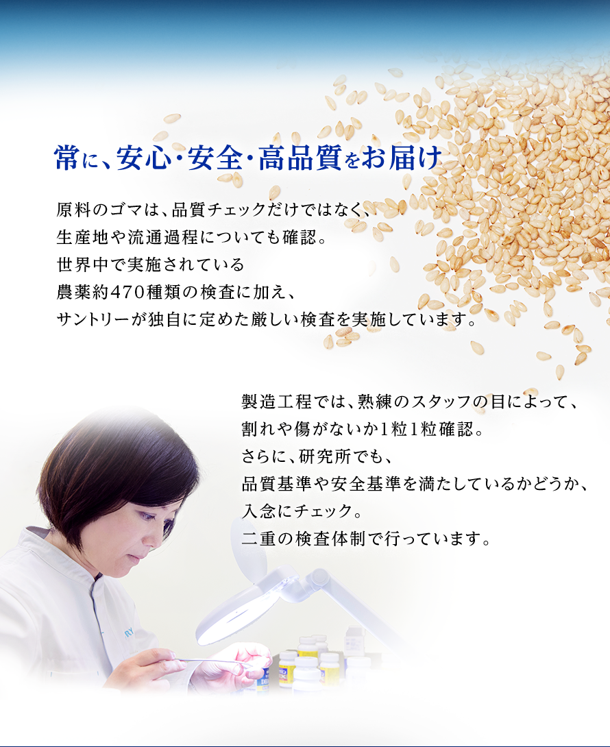 常に、安心・安全・高品質をお届け 原料のゴマは、品質チェックだけではなく、生産地や流通過程についても確認。世界中で実施されている農薬約470種類の検査に加え、サントリーが独自に定めた厳しい検査を実施しています。製造工程では、熟練のスタッフの目によって、割れや傷がないか１粒１粒確認。さらに、研究所でも、品質基準や安全基準を満たしているかどうか、入念にチェック。二重の検査体制で行っています。