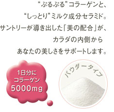 “ぷるぷる”コラーゲンと、“しっとり”ミルク成分セラミド。サントリーが導き出した「美の配合」が、カラダの内側からあなたの美しさをサポートします。 1日分にコラーゲン5000mg パウダータイプ