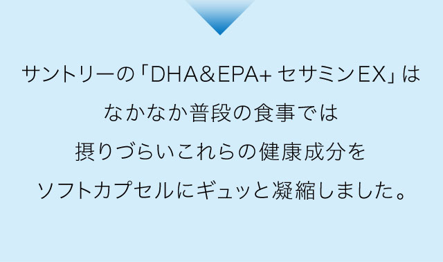 サントリーの「DHA＆EPA+セサミンEX」はなかなか普段の食事では摂りづらいこれらの健康成分をソフトカプセルにギュッと凝縮しました。